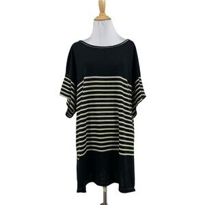 Max Studio Tunic Top Womens 2X Plus Black Sand Boatneck Striped Side Slits Boxy